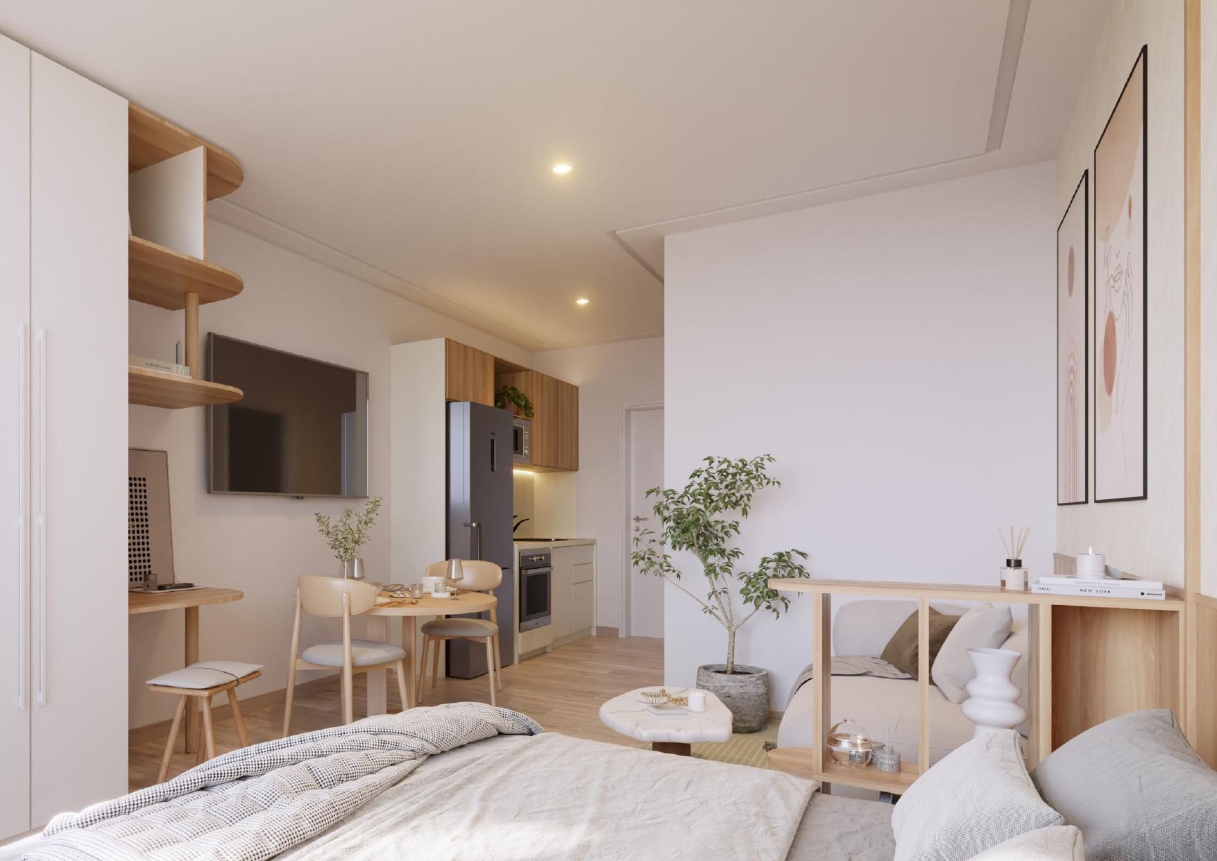 Estudio de inspiración japonesa-escandinava con cocina integrada