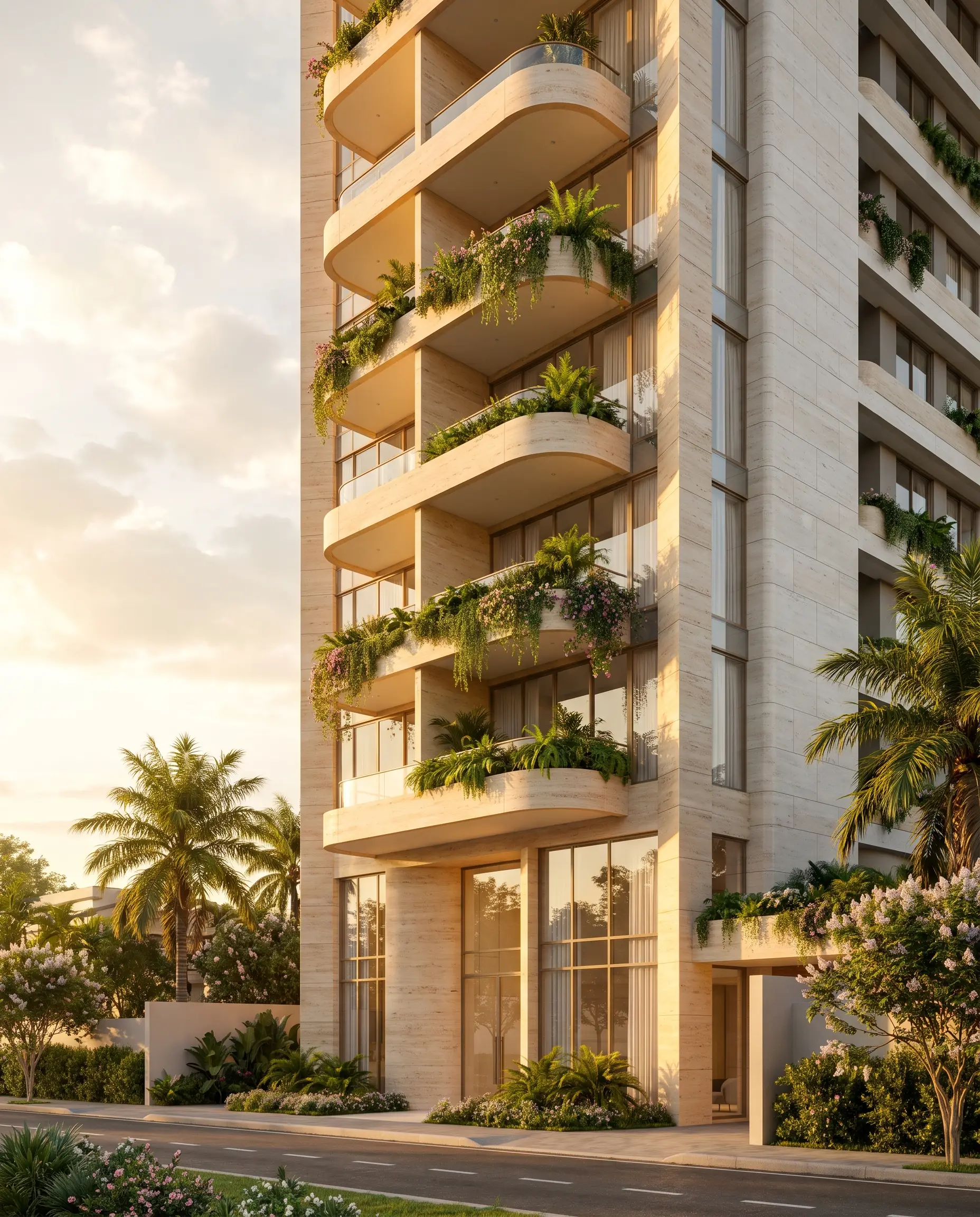 Torre residencial de lujo en Asunción iluminada por la luz cálida de la hora dorada