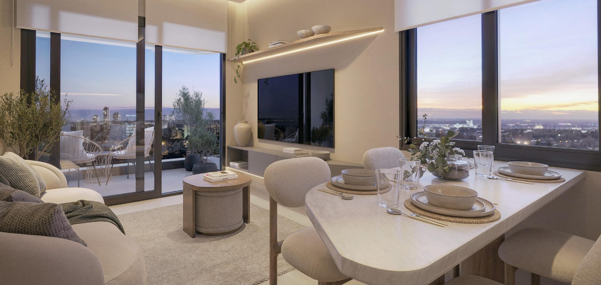 Salón-comedor de altura con ventanales al skyline
