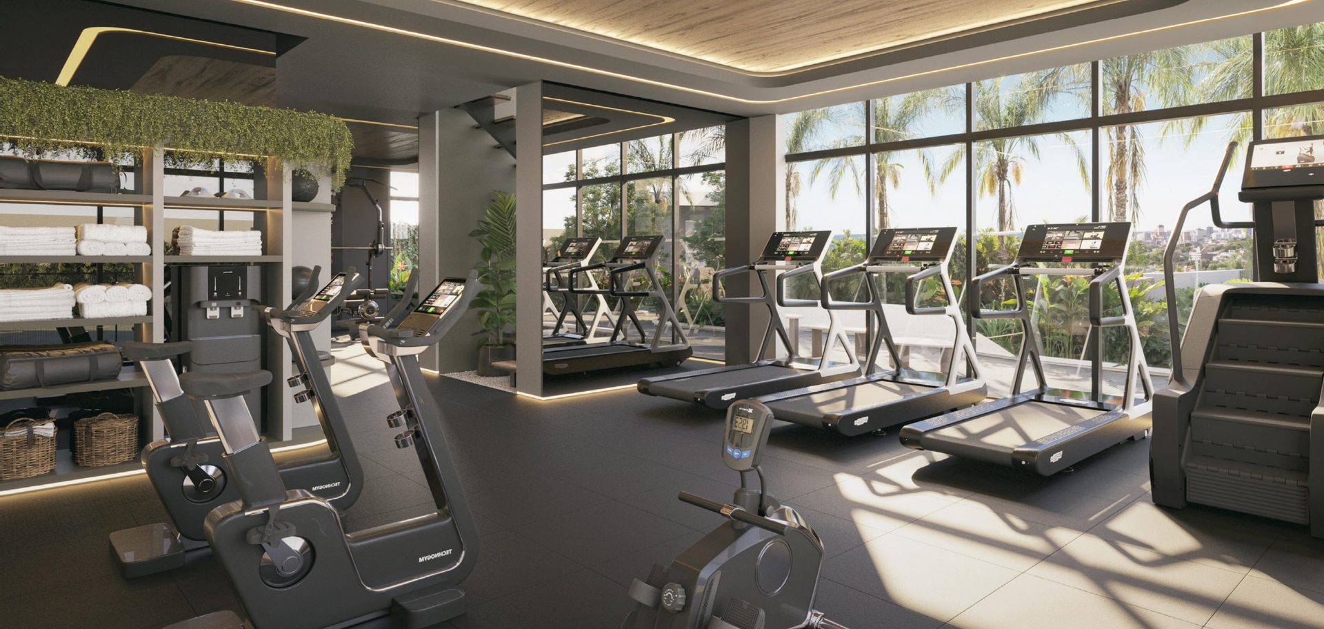 Gimnasio equipado con vista panorámica a la ciudad