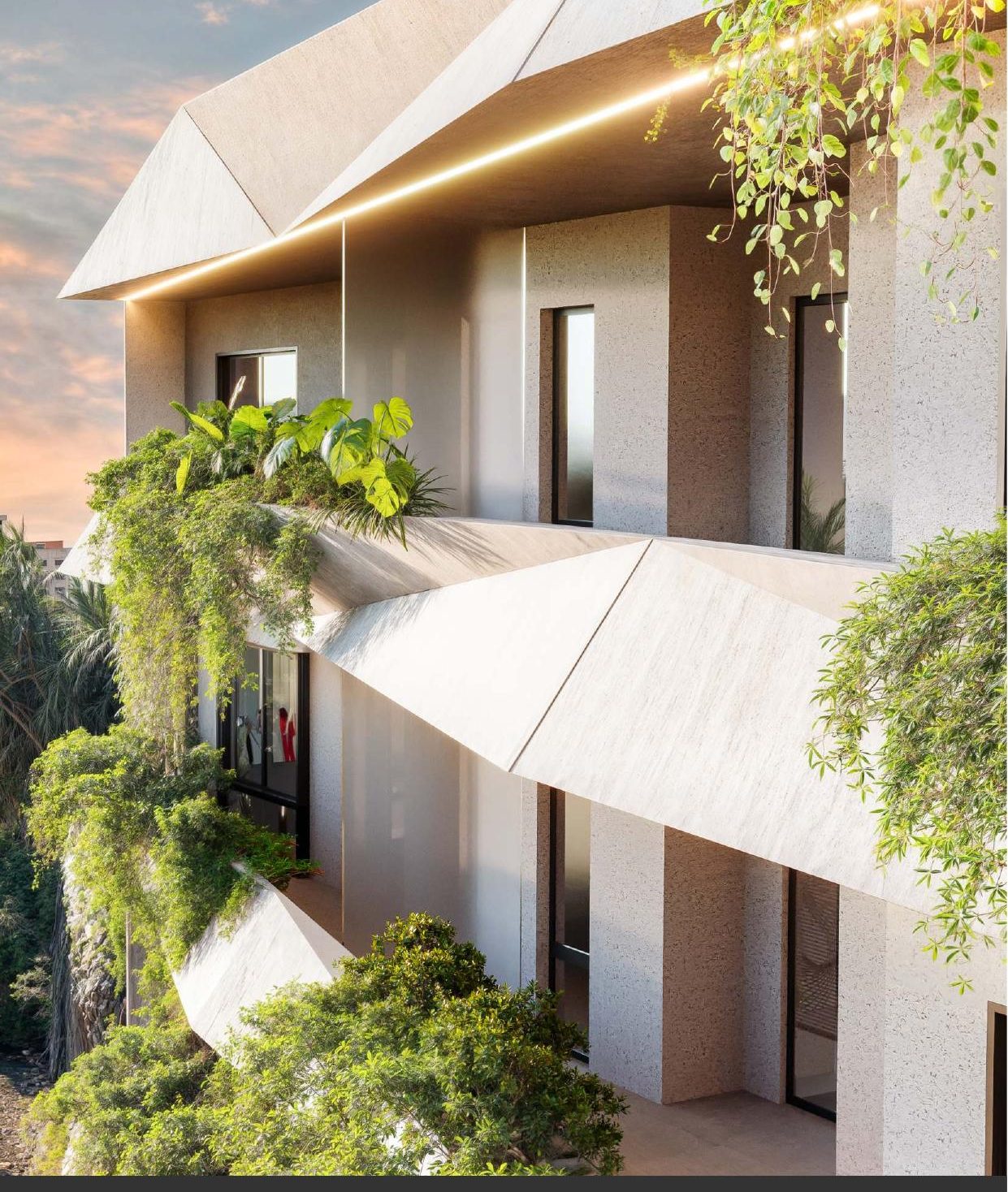 Fachada biofílica con vegetación en los balcones